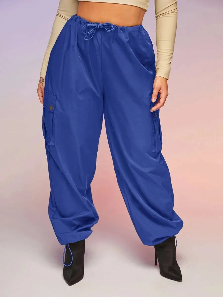 Casual Flap Pocket Drawstring Waist Parachute Cargo Pants