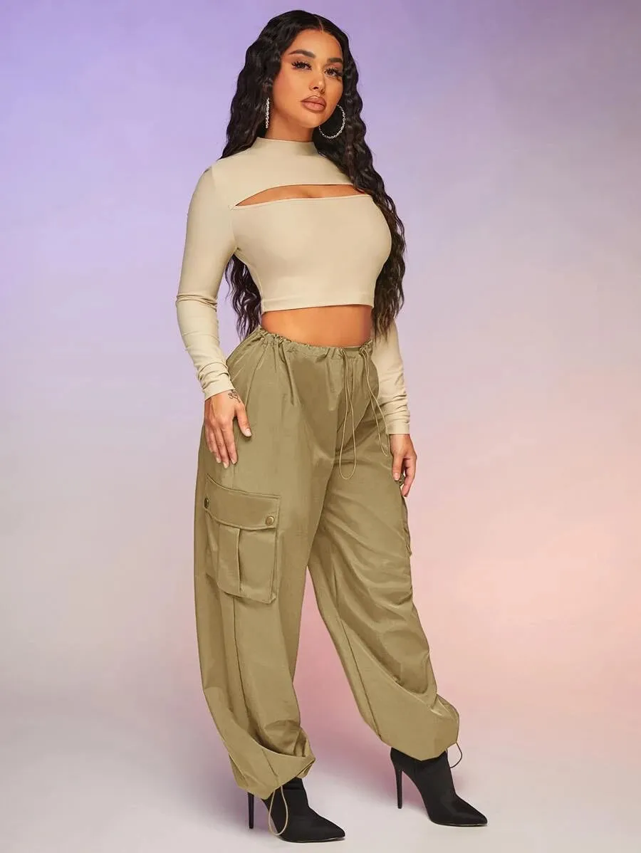 Casual Flap Pocket Drawstring Waist Parachute Cargo Pants