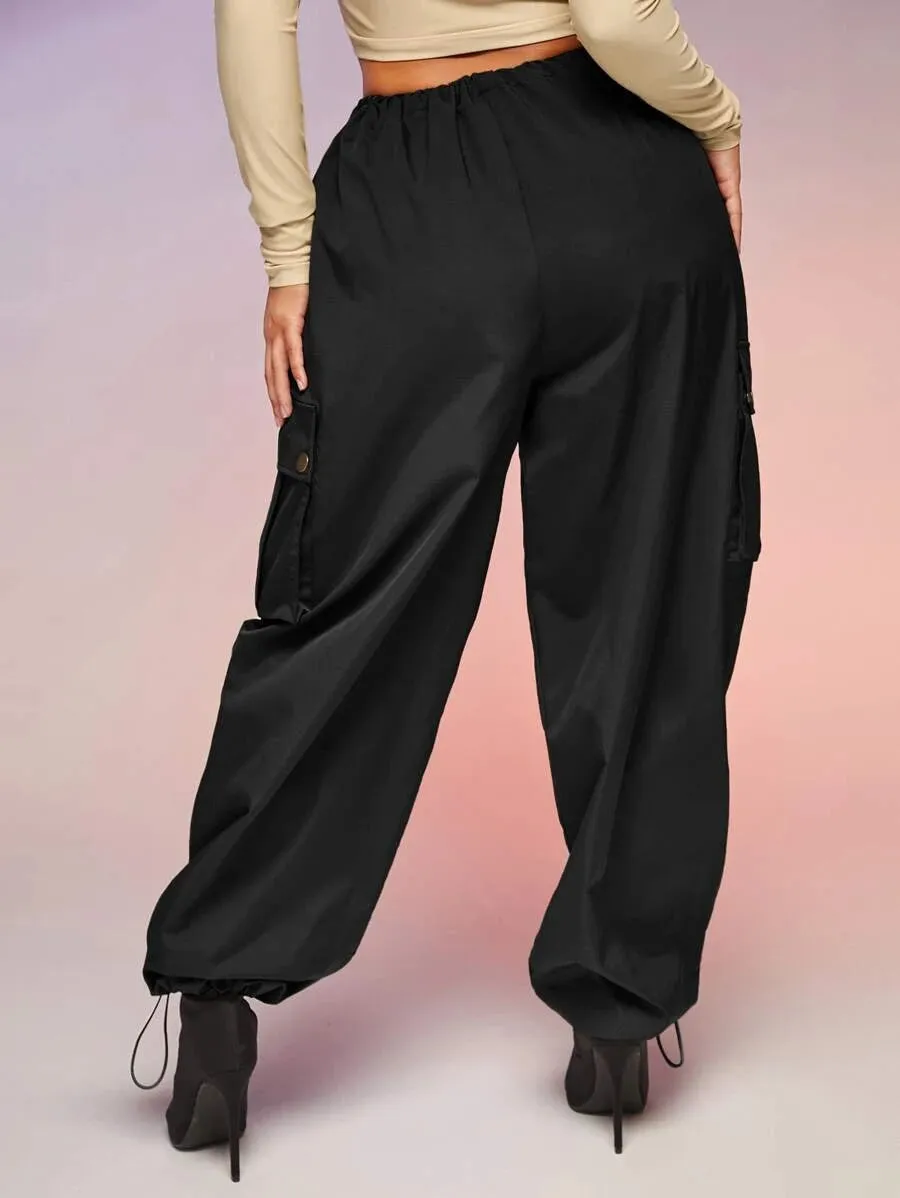 Casual Flap Pocket Drawstring Waist Parachute Cargo Pants