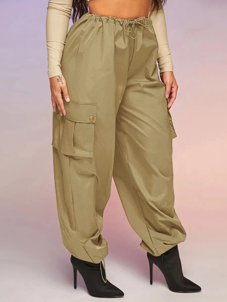 Casual Flap Pocket Drawstring Waist Parachute Cargo Pants