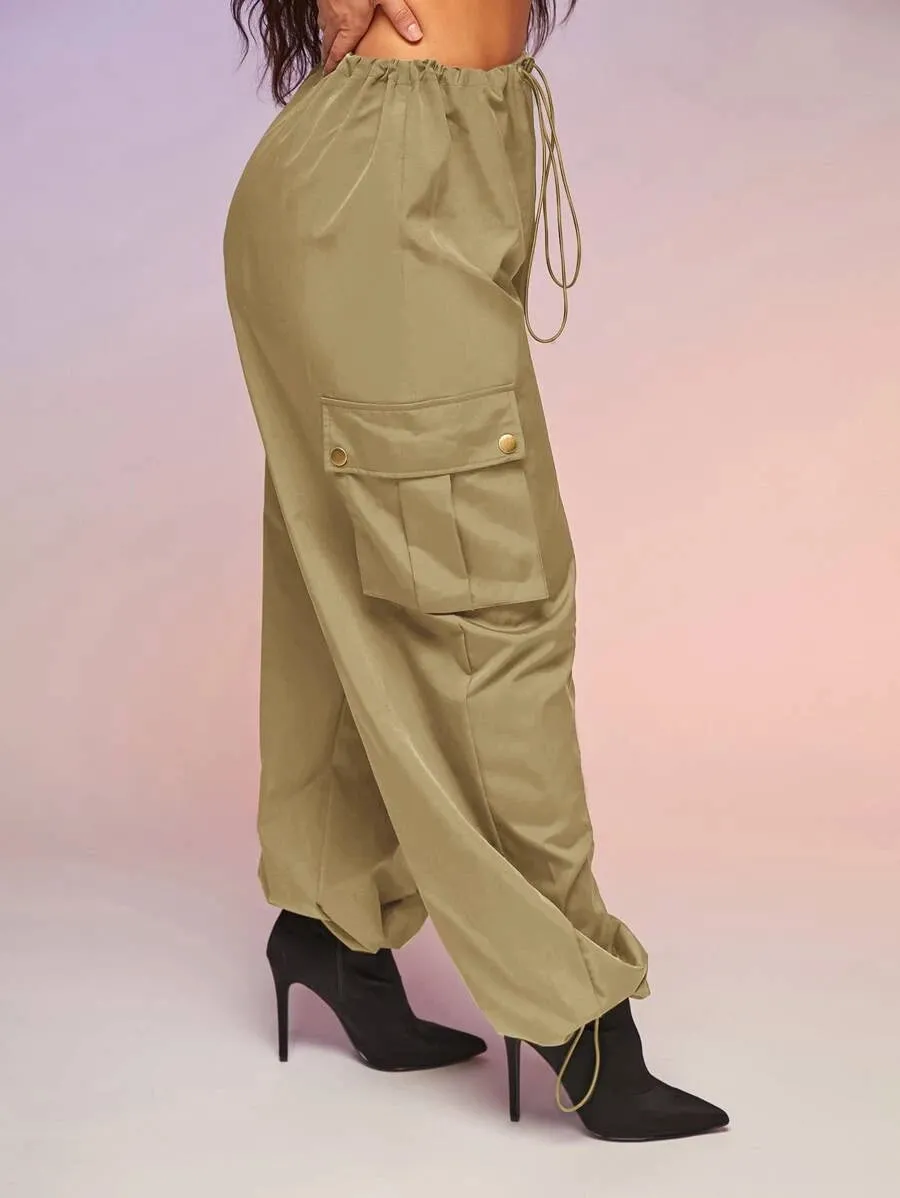 Casual Flap Pocket Drawstring Waist Parachute Cargo Pants