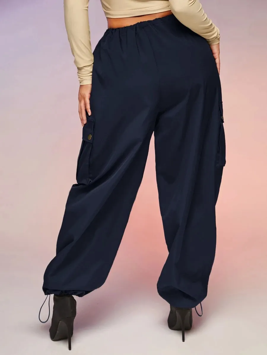 Casual Flap Pocket Drawstring Waist Parachute Cargo Pants