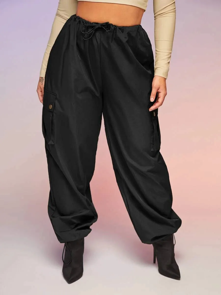 Casual Flap Pocket Drawstring Waist Parachute Cargo Pants