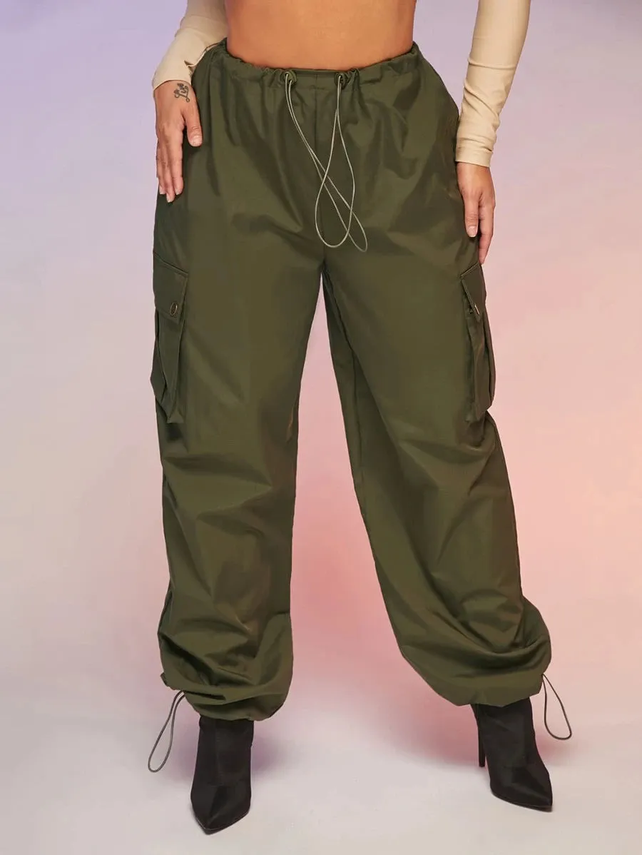 Casual Flap Pocket Drawstring Waist Parachute Cargo Pants