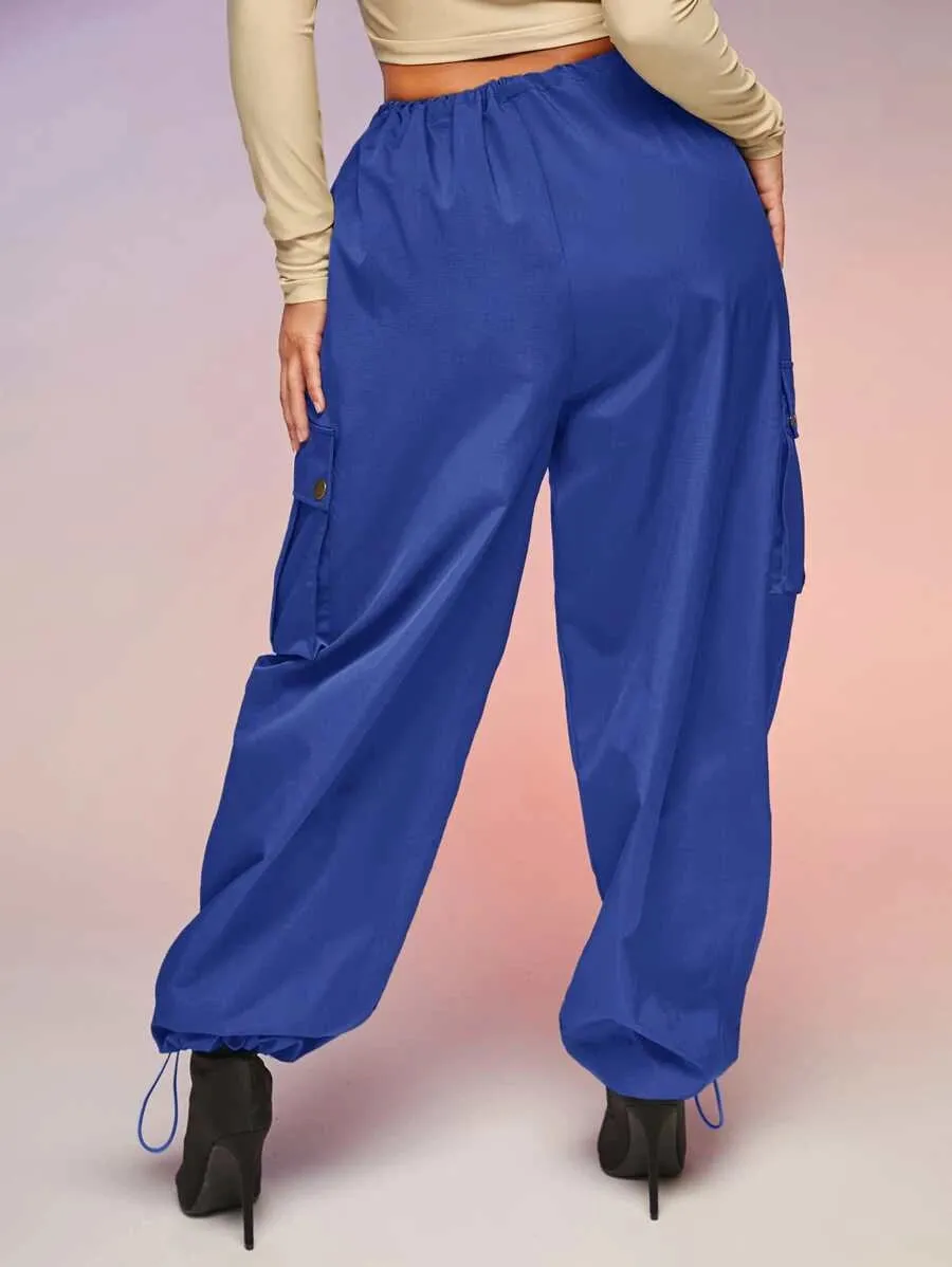 Casual Flap Pocket Drawstring Waist Parachute Cargo Pants