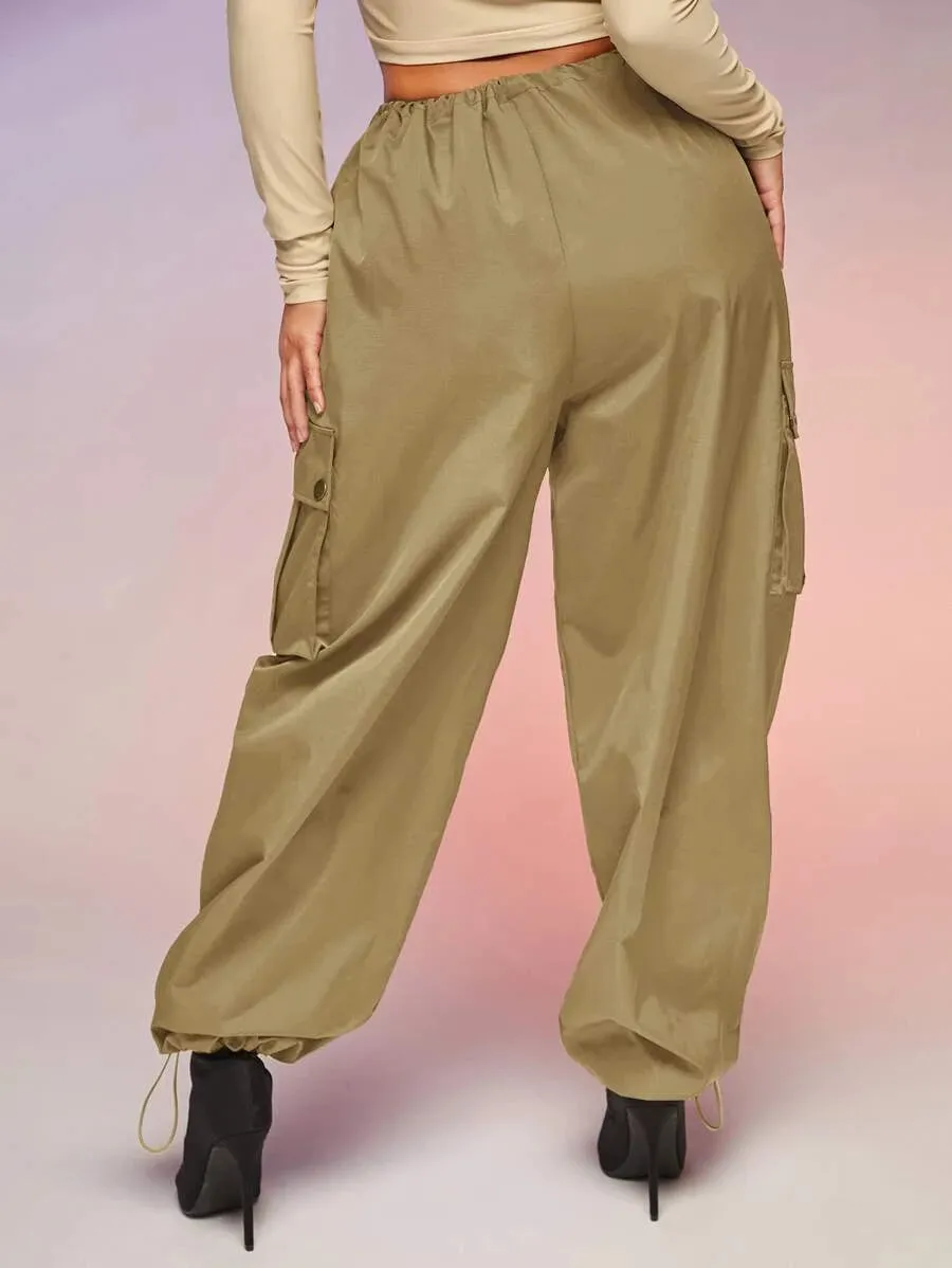 Casual Flap Pocket Drawstring Waist Parachute Cargo Pants