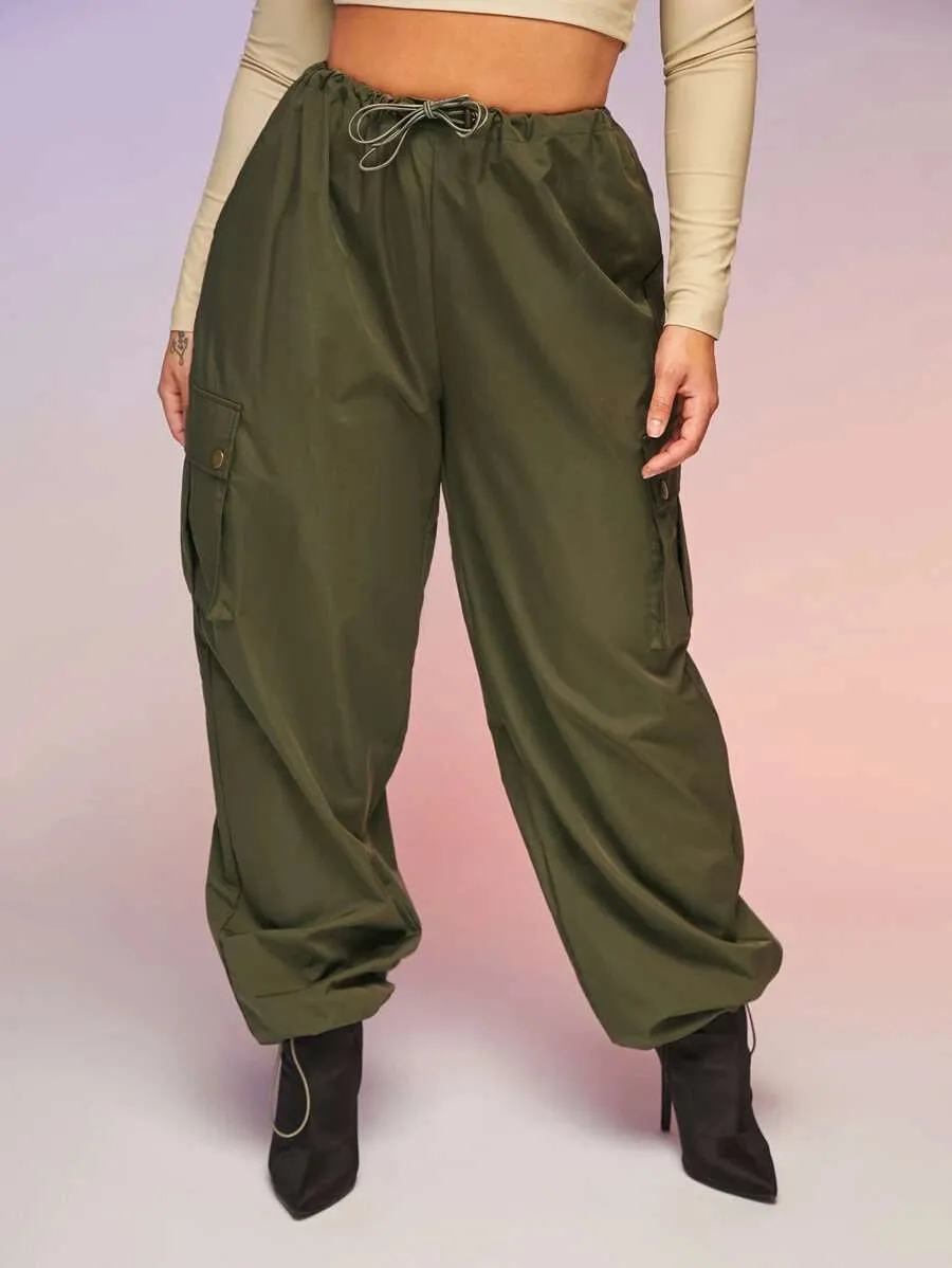 Casual Flap Pocket Drawstring Waist Parachute Cargo Pants