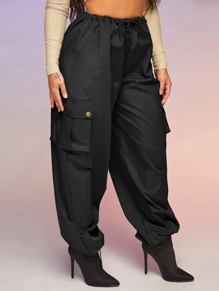 Casual Flap Pocket Drawstring Waist Parachute Cargo Pants