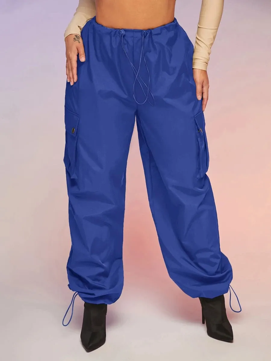 Casual Flap Pocket Drawstring Waist Parachute Cargo Pants