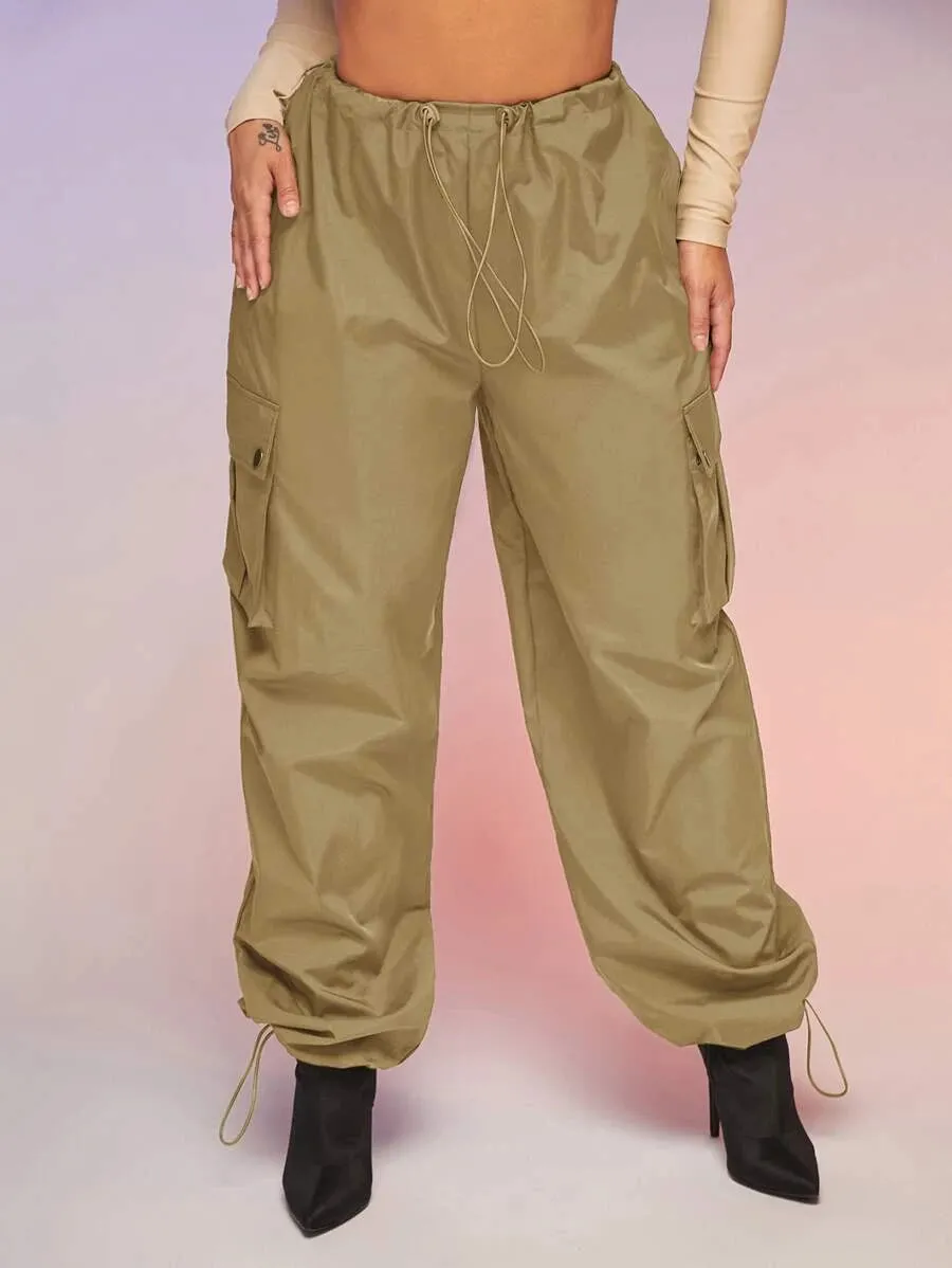 Casual Flap Pocket Drawstring Waist Parachute Cargo Pants