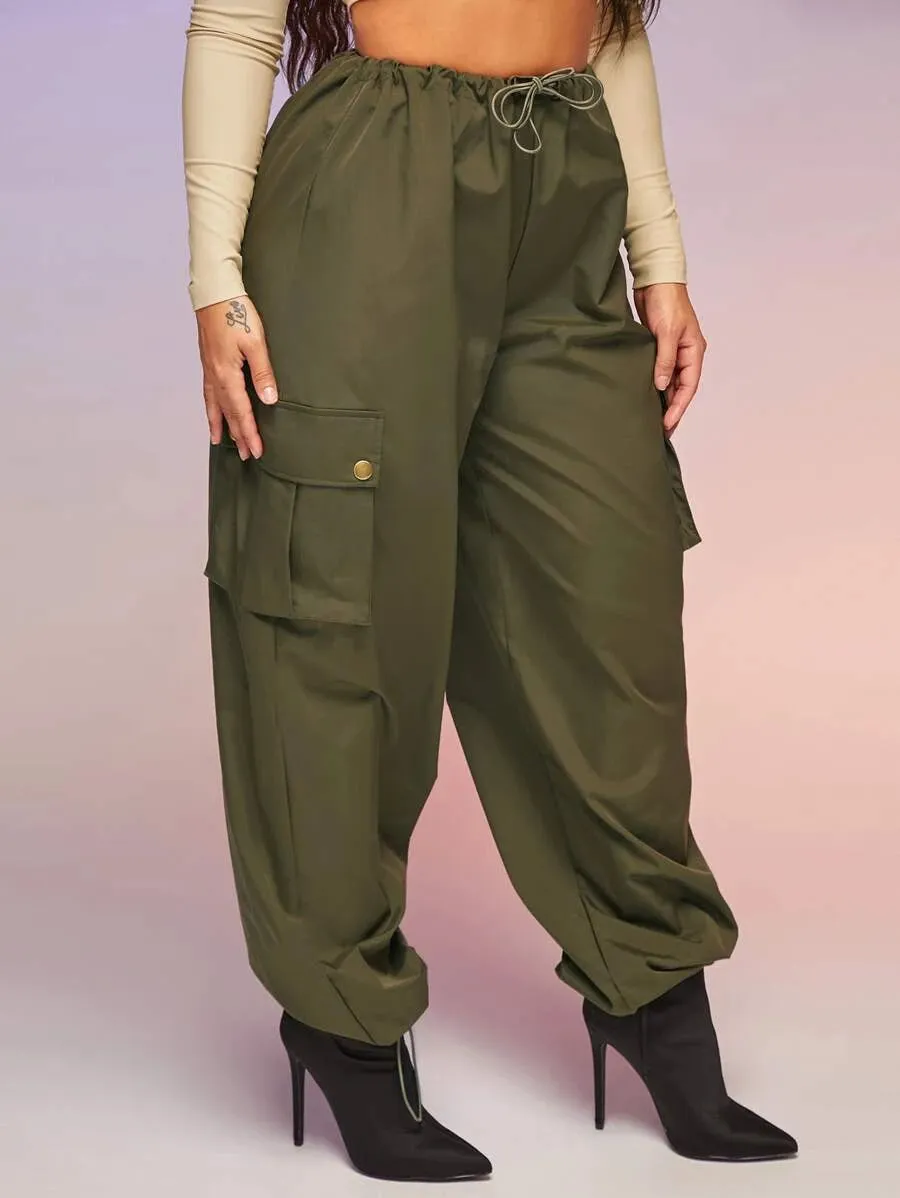 Casual Flap Pocket Drawstring Waist Parachute Cargo Pants