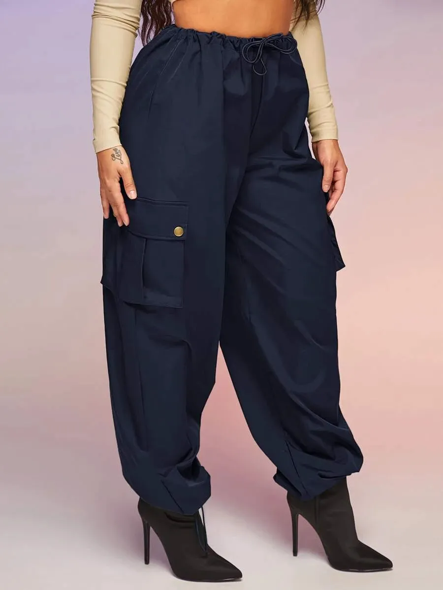 Casual Flap Pocket Drawstring Waist Parachute Cargo Pants