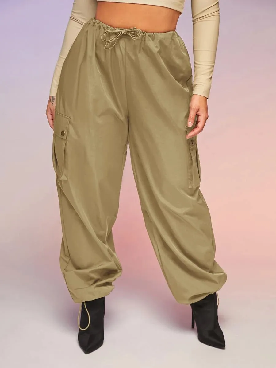 Casual Flap Pocket Drawstring Waist Parachute Cargo Pants