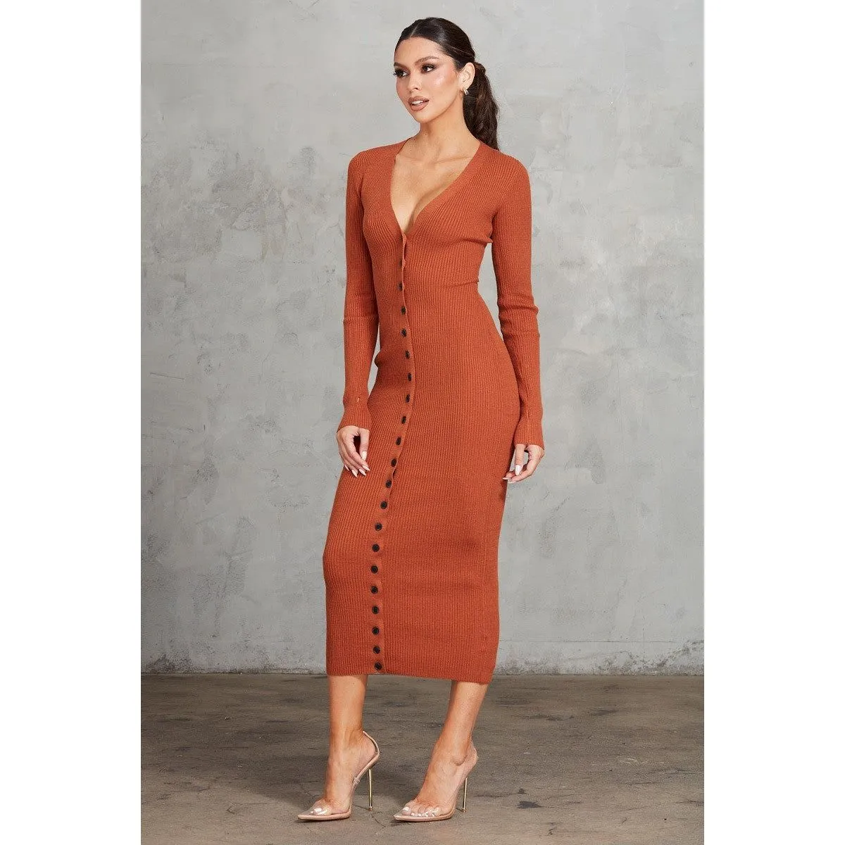 Chic Autunm Buttoned-down Ribbed Midi Bodycon Dress with V-neckline