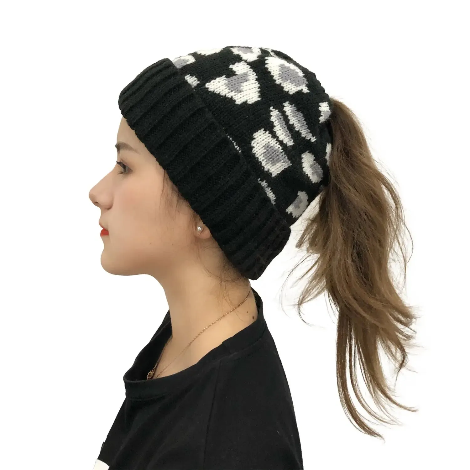 Chic Leopard Print Wool Knit Beanie for Women