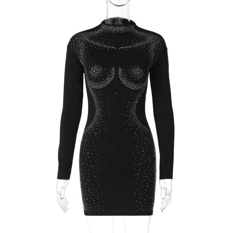 Chic Rhinestone-Embellished Bodycon Long Sleeve Dress