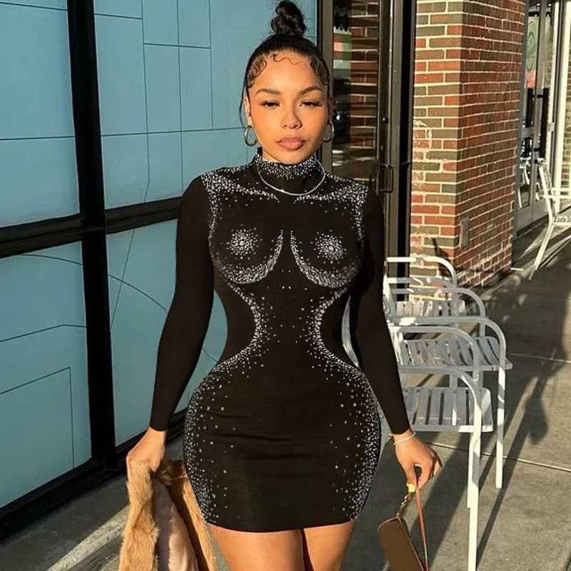 Chic Rhinestone-Embellished Bodycon Long Sleeve Dress