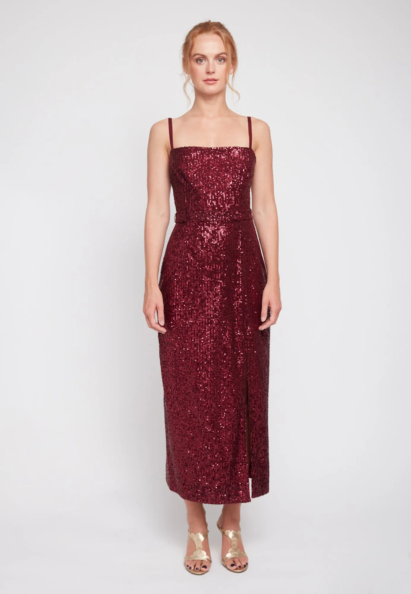 CHLOE deep red sequin open back cocktail dress