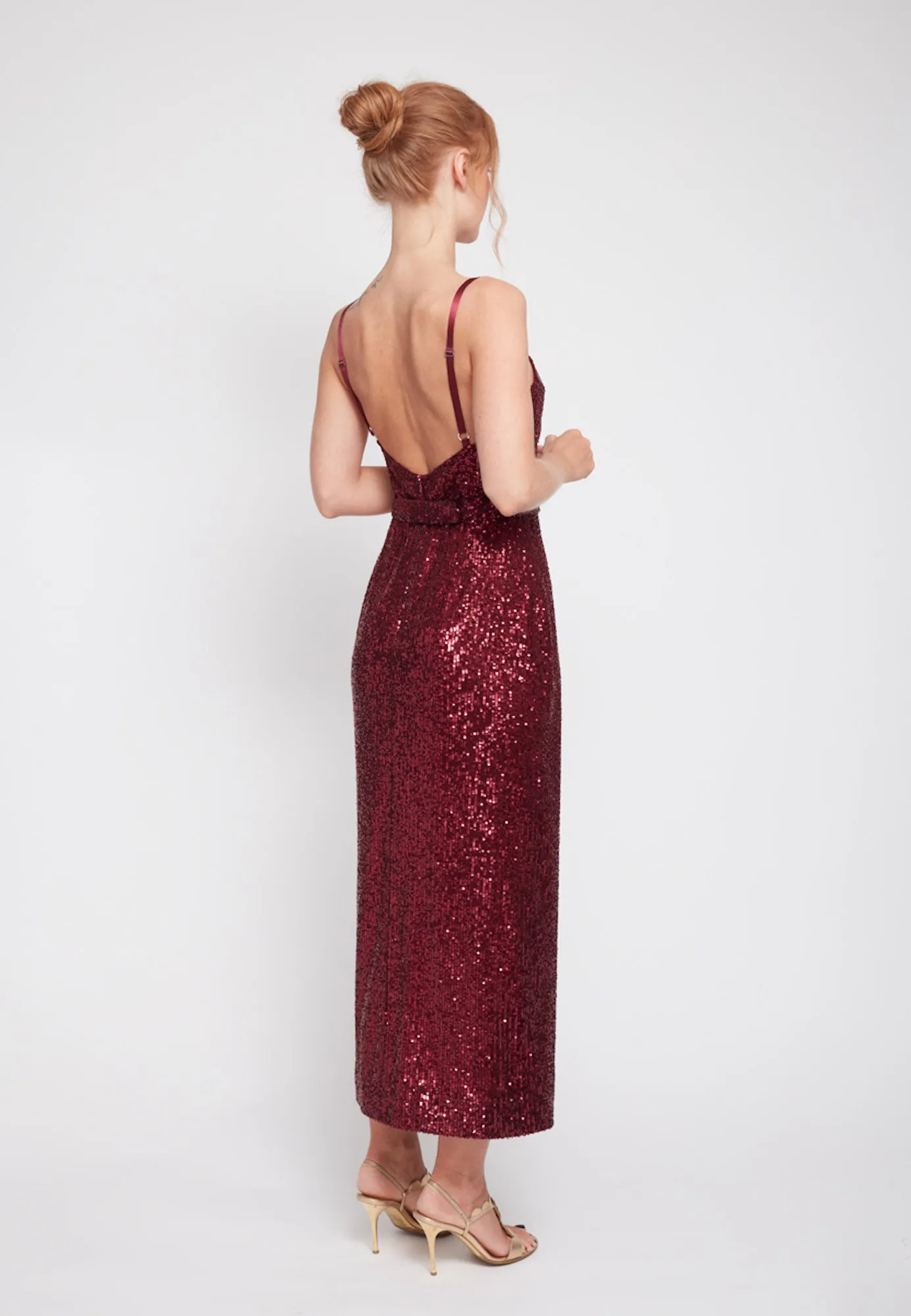 CHLOE deep red sequin open back cocktail dress