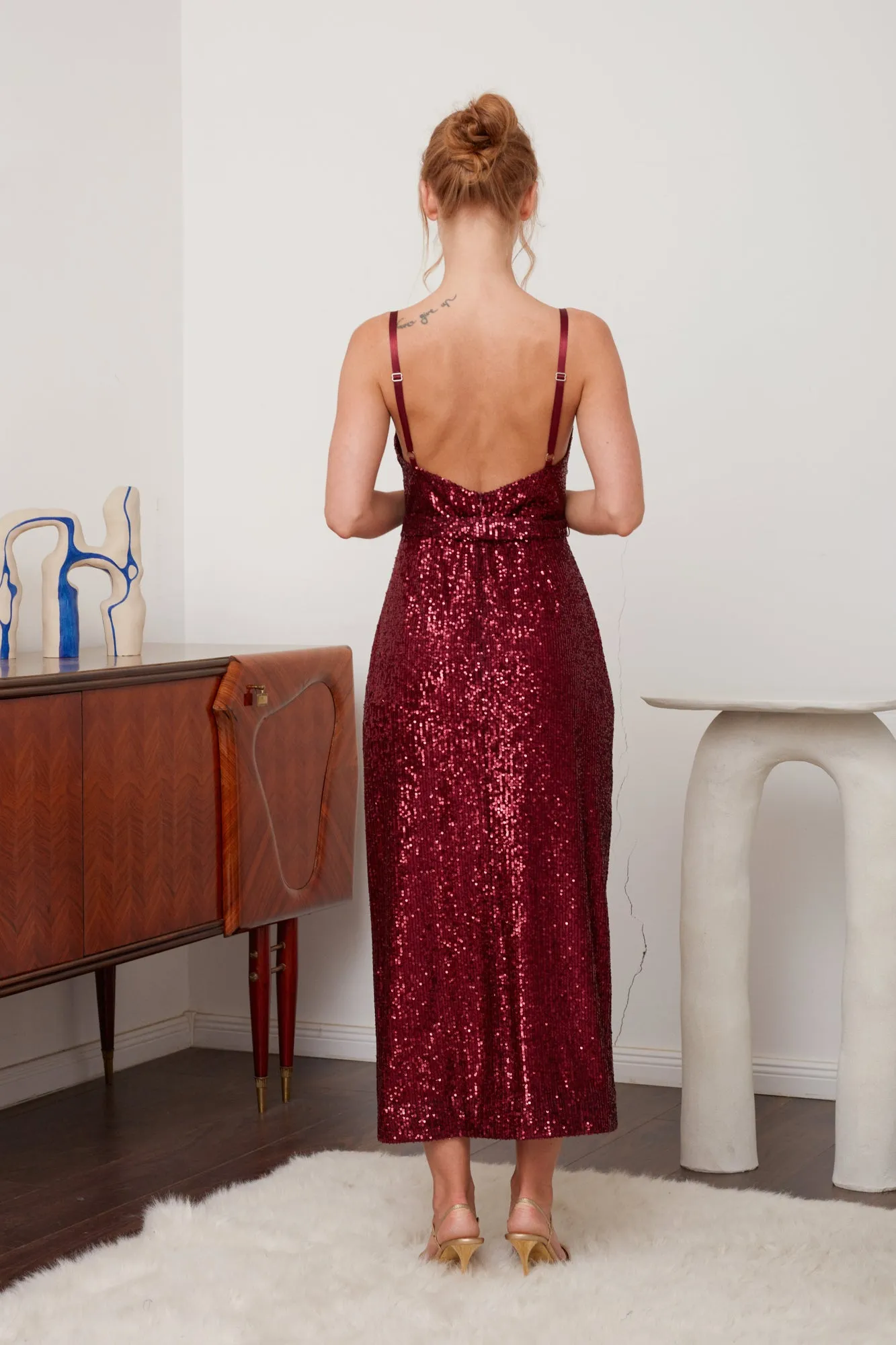 CHLOE deep red sequin open back cocktail dress