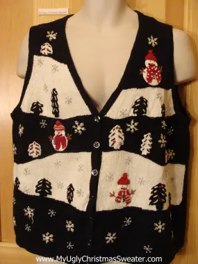 Christmas Sweater Vest Black and White with Snowmen