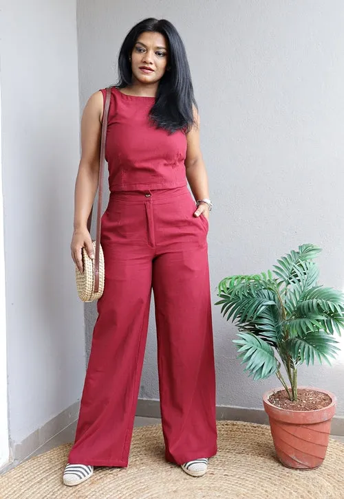 Co-Ord Set Maroon Crop Top and Wide Leg Pants