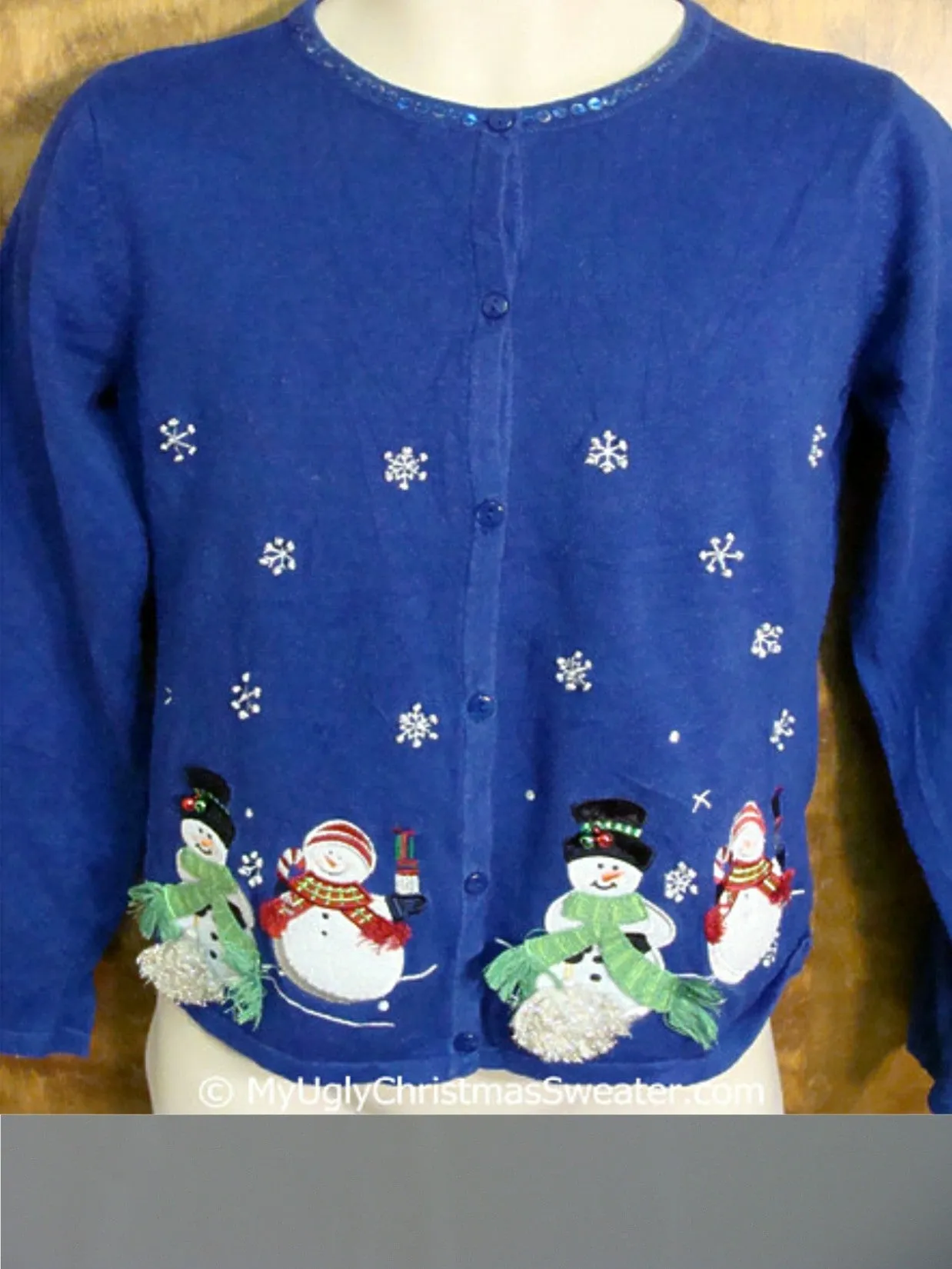 Cute Bright Blue Ugly Christmas Sweater with Snowmen