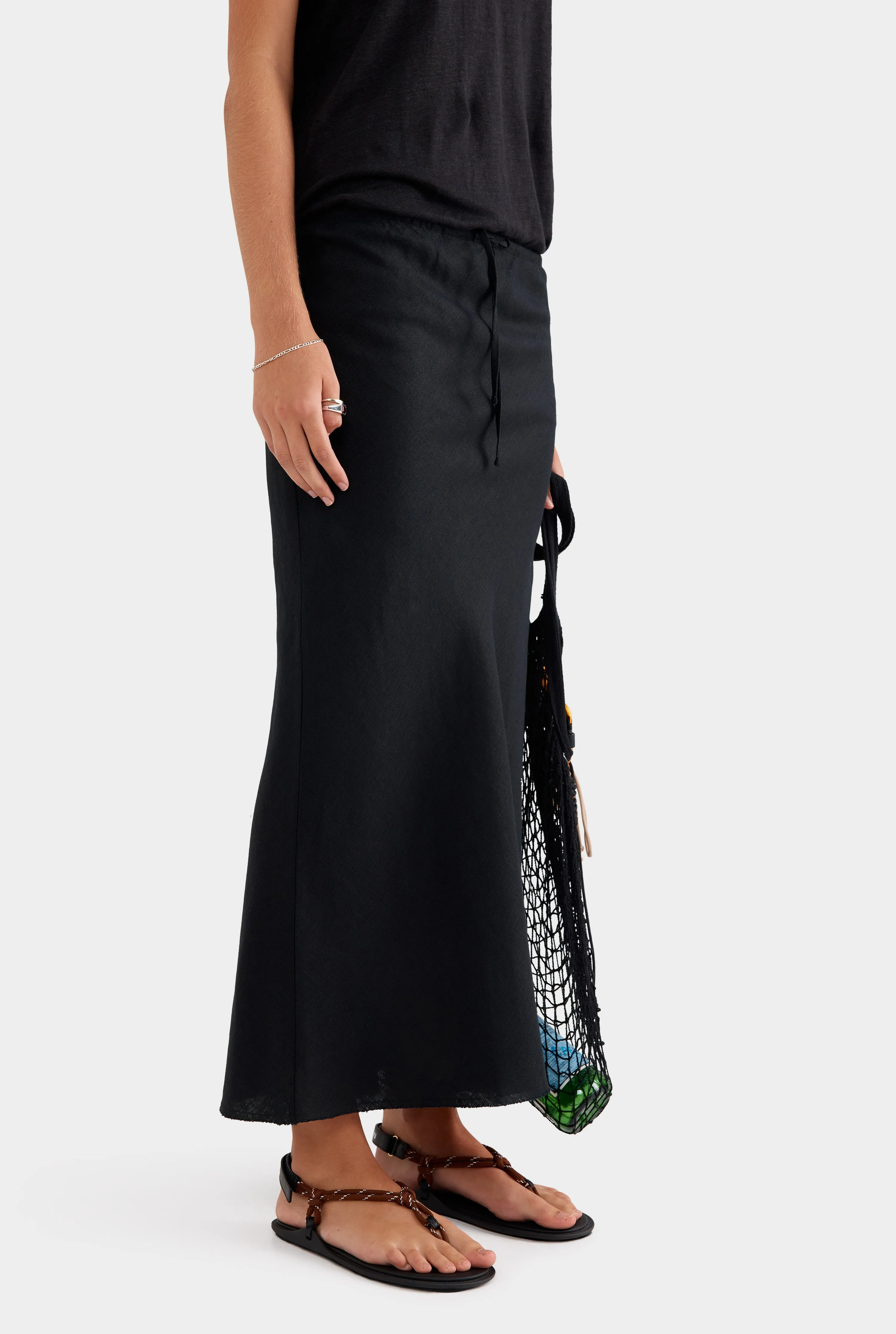 Drawstring Bias Skirt - Black