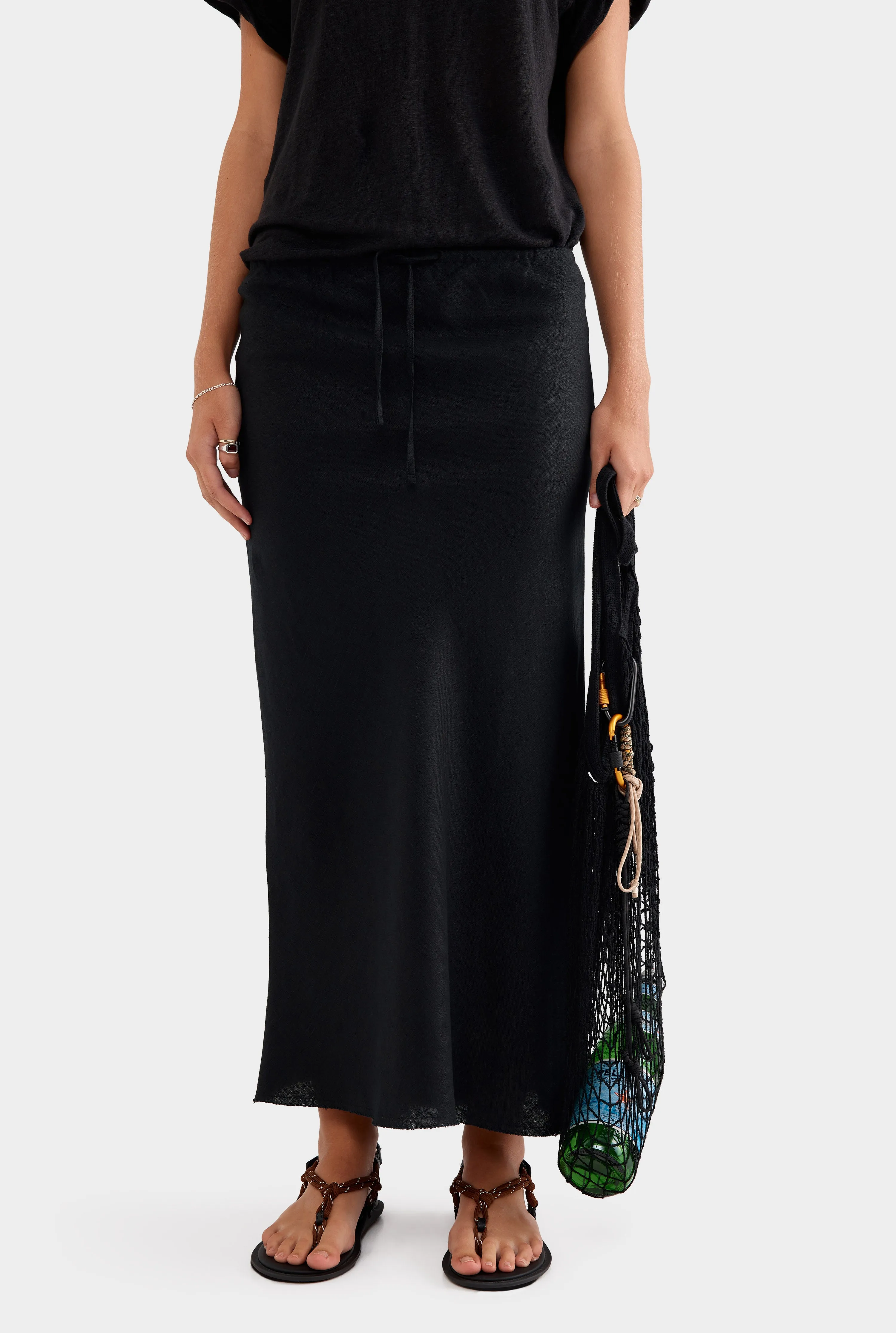 Drawstring Bias Skirt - Black