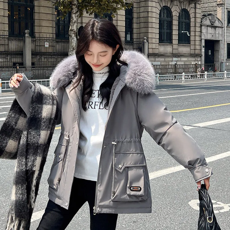 Elegant Waist Tight Short Parka with Removable Faux Fur Collar Chic Winter Essential