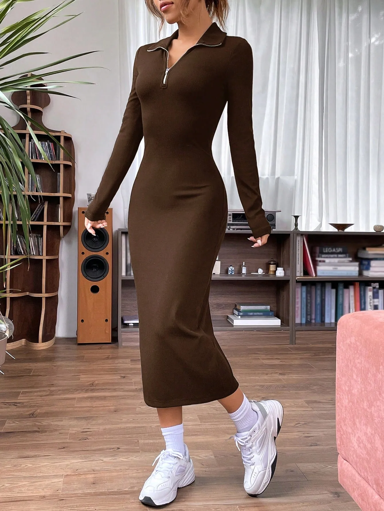 EZwear Quarter Zip Bodycon Dress