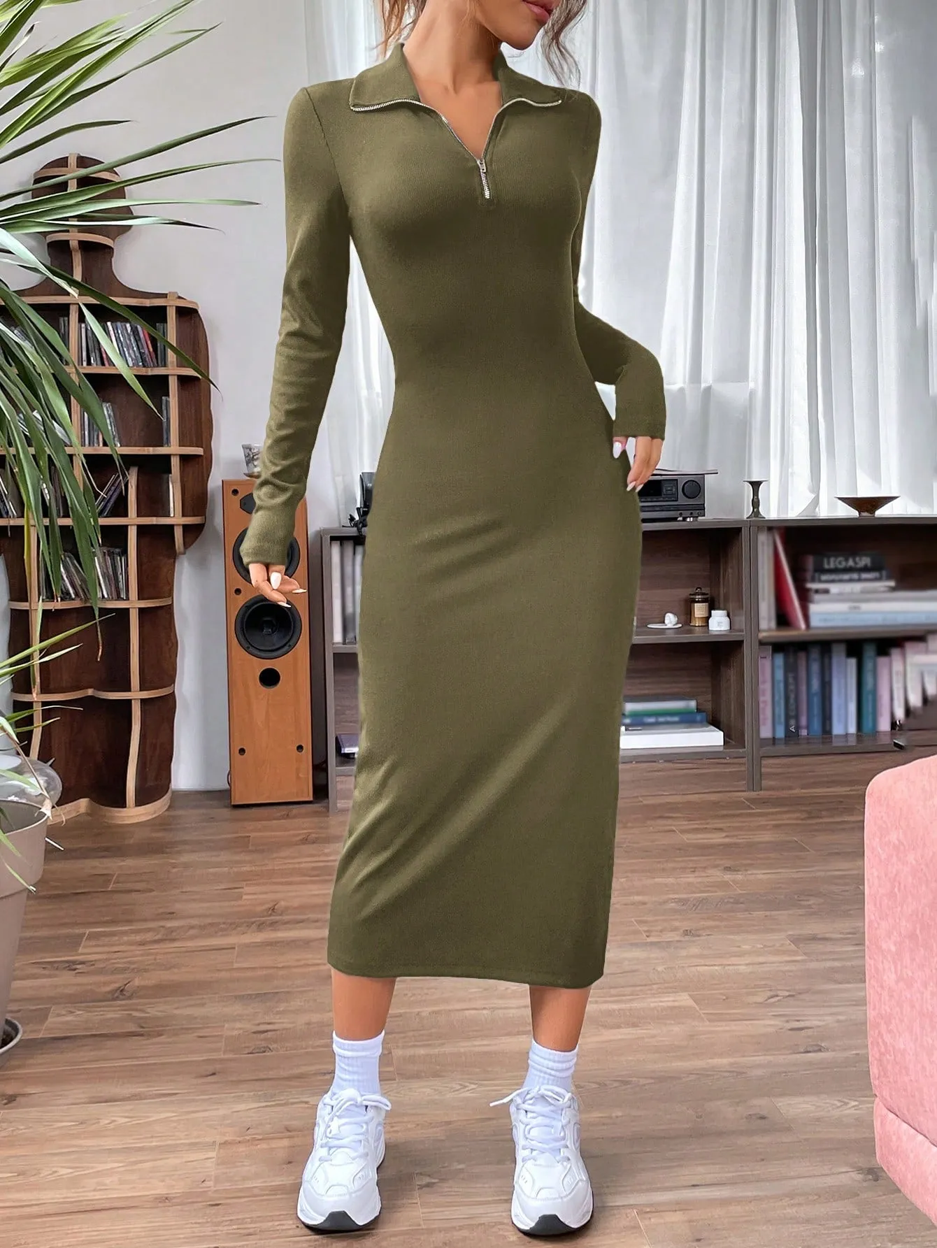 EZwear Quarter Zip Bodycon Dress