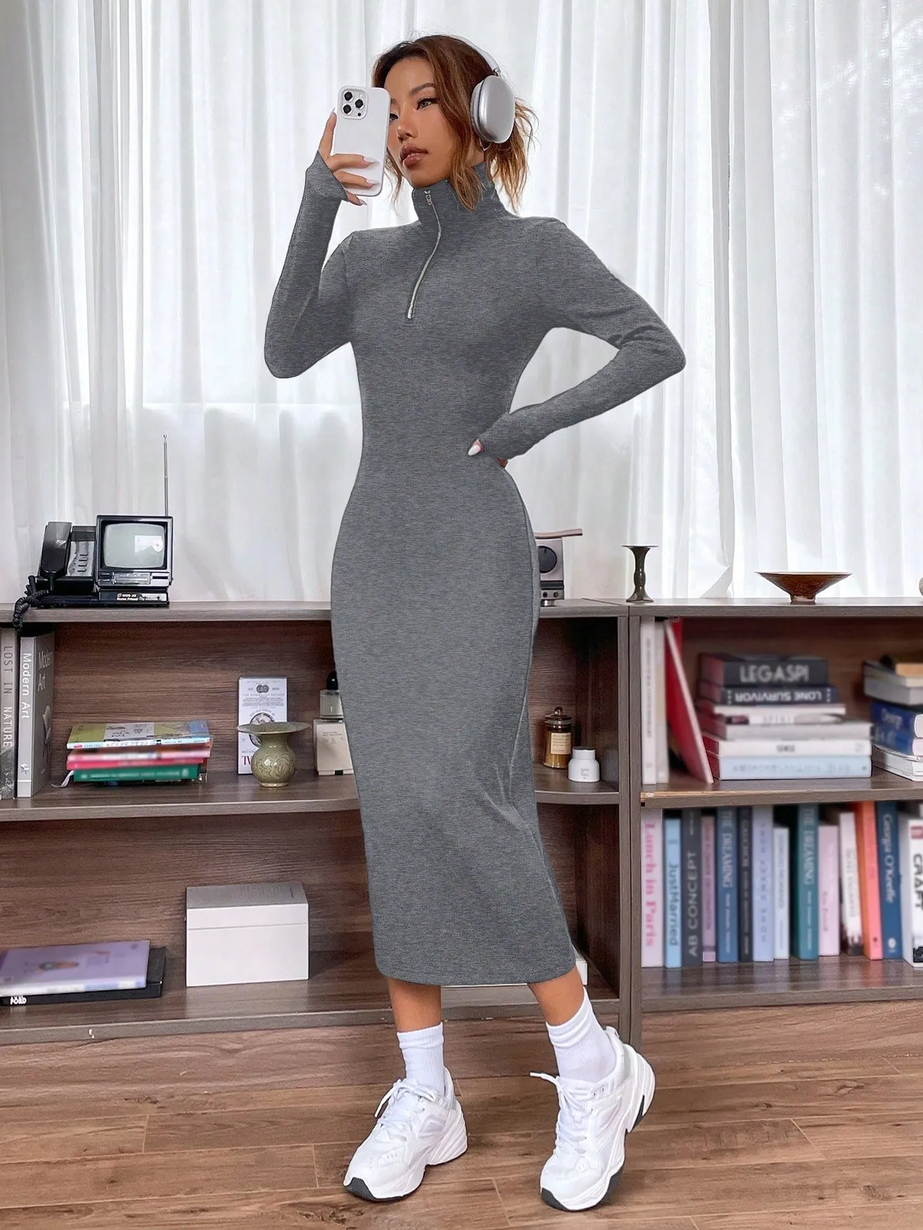 EZwear Quarter Zip Bodycon Dress