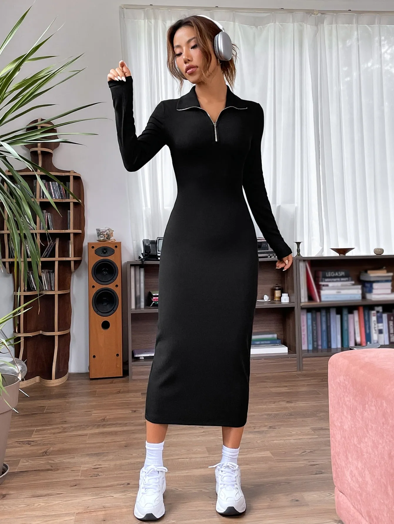 EZwear Quarter Zip Bodycon Dress