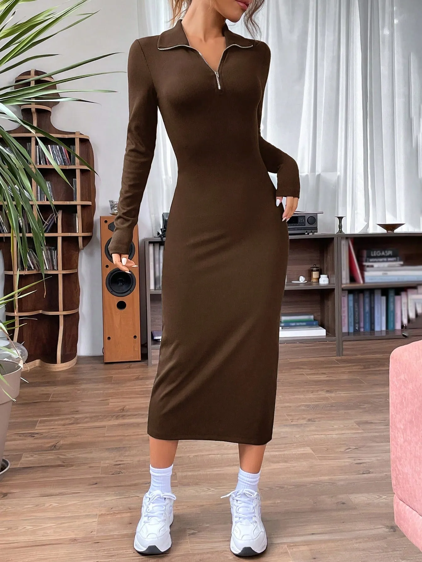 EZwear Quarter Zip Bodycon Dress