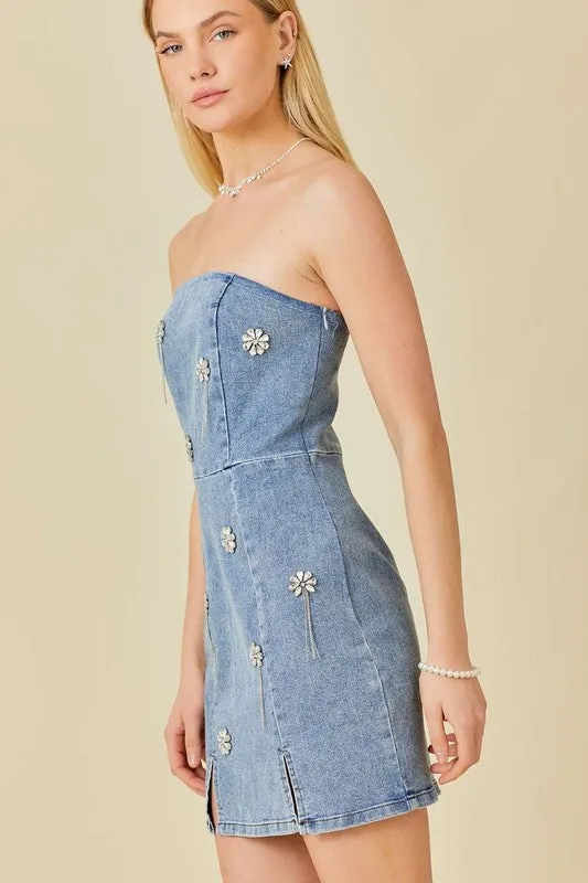 Falling Flower Stone Trim Bodycon Denim Dress