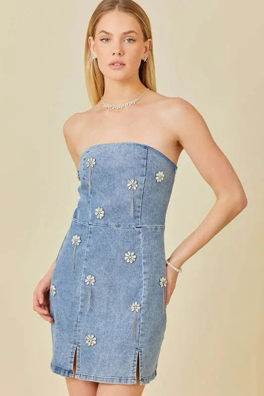 Falling Flower Stone Trim Bodycon Denim Dress