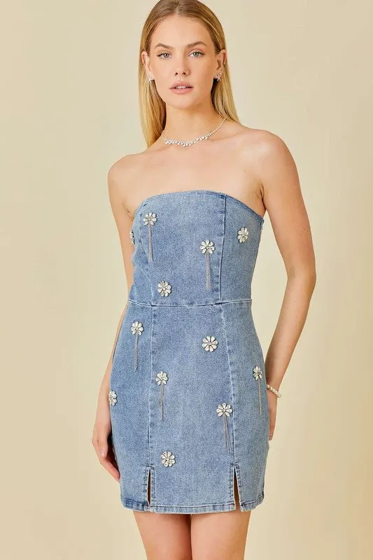 Falling Flower Stone Trim Bodycon Denim Dress