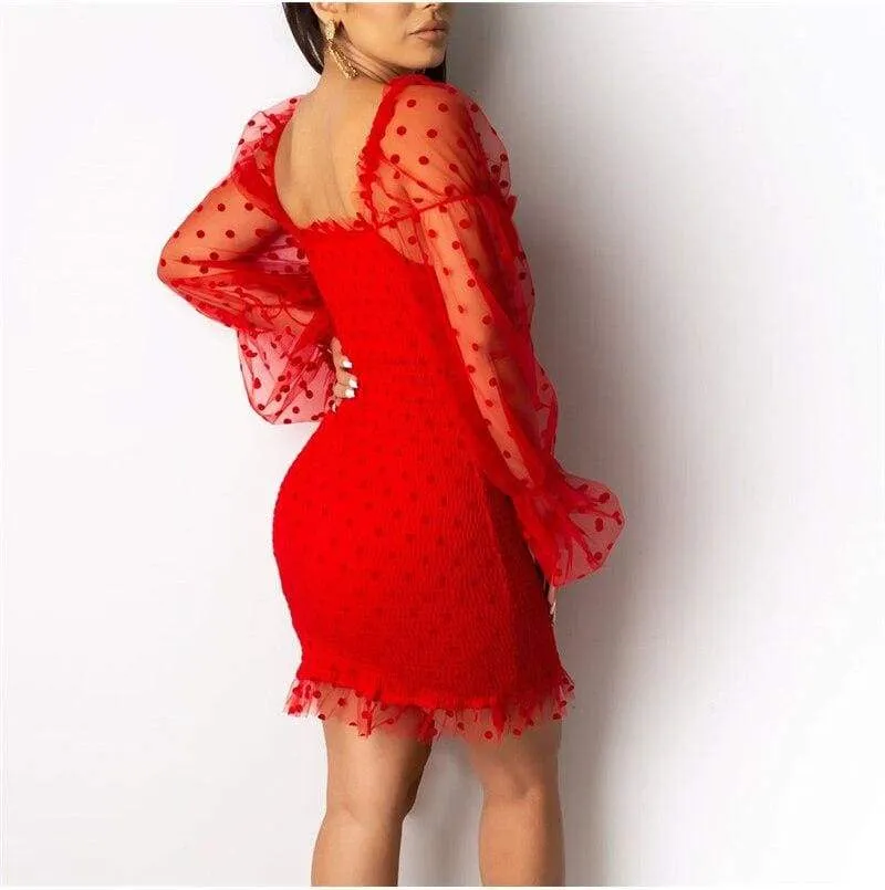 FashionSierra - Fashion Women Sexy Mesh Puff Long Sleeve Bodycon Mini Dress Elegant Ruffles Bandage Party Club Ladies Dresses Streetwear