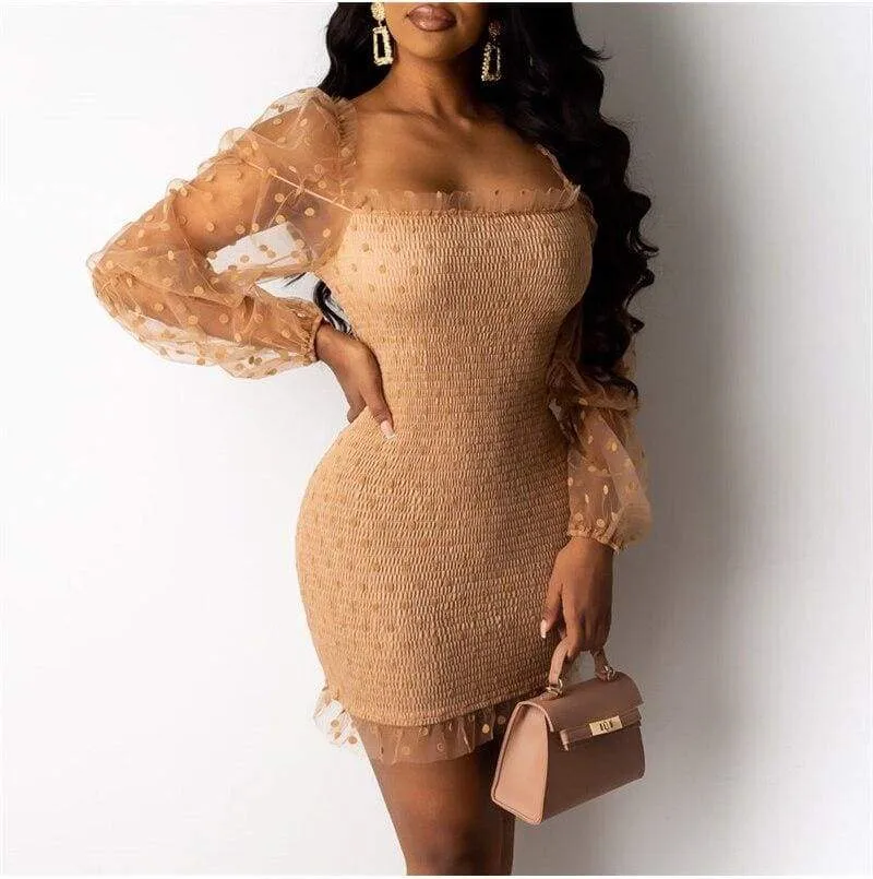 FashionSierra - Fashion Women Sexy Mesh Puff Long Sleeve Bodycon Mini Dress Elegant Ruffles Bandage Party Club Ladies Dresses Streetwear