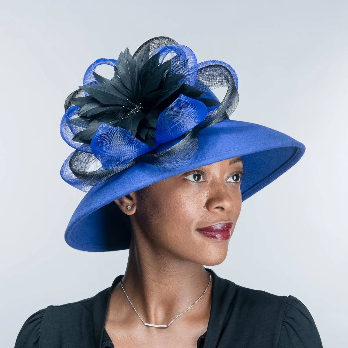 Feather Flower Bow Down Brim Hat: Royal Black