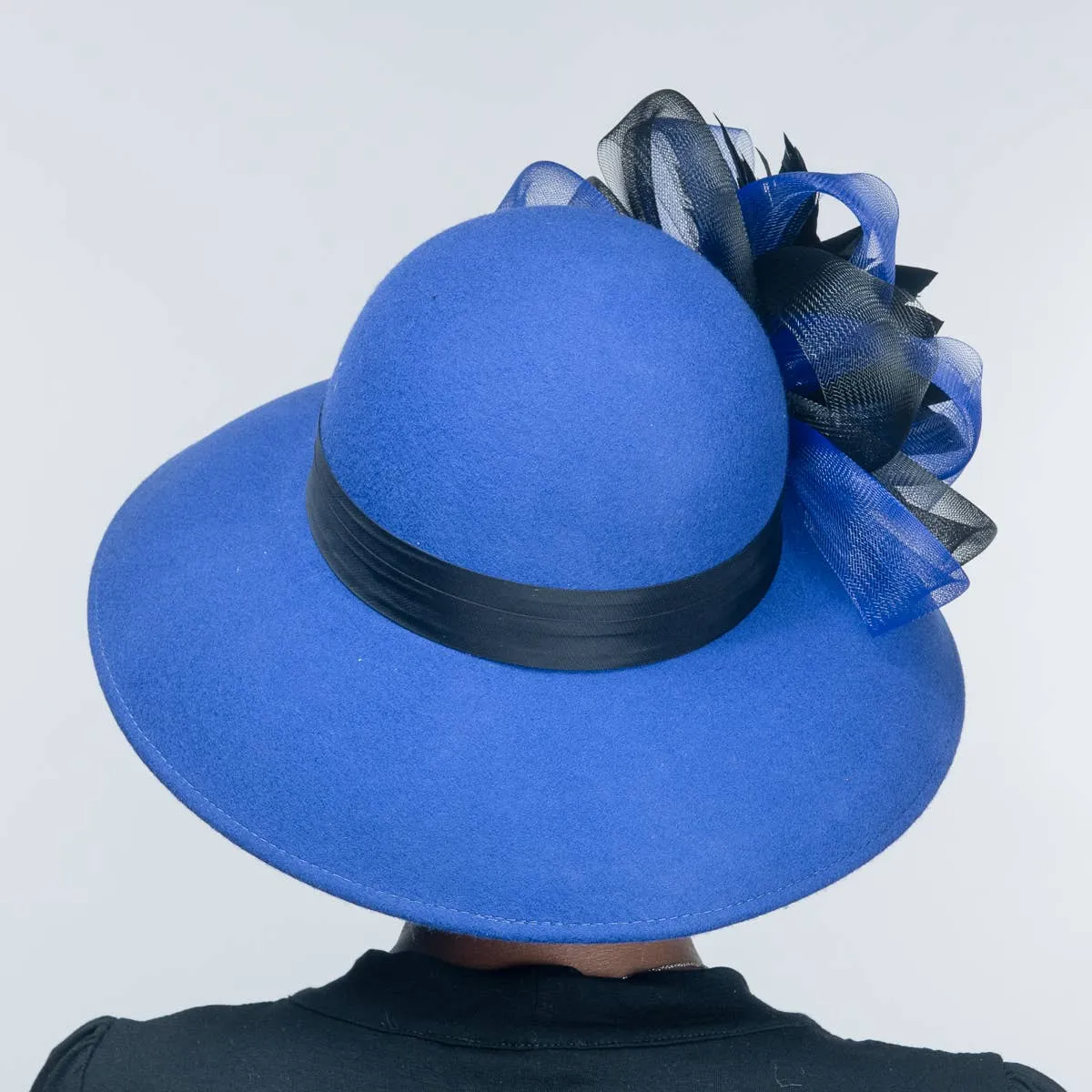 Feather Flower Bow Down Brim Hat: Royal Black