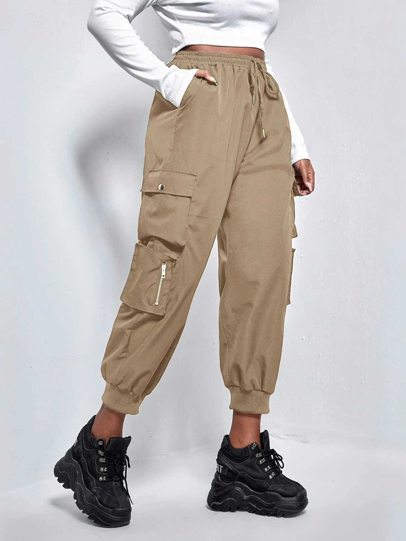 Flap Pocket Drawstring Cropped Cargo Pants