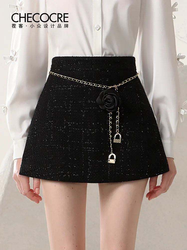 Flare Chain Charm Tweed Feminine Sweet Mini-Skirt