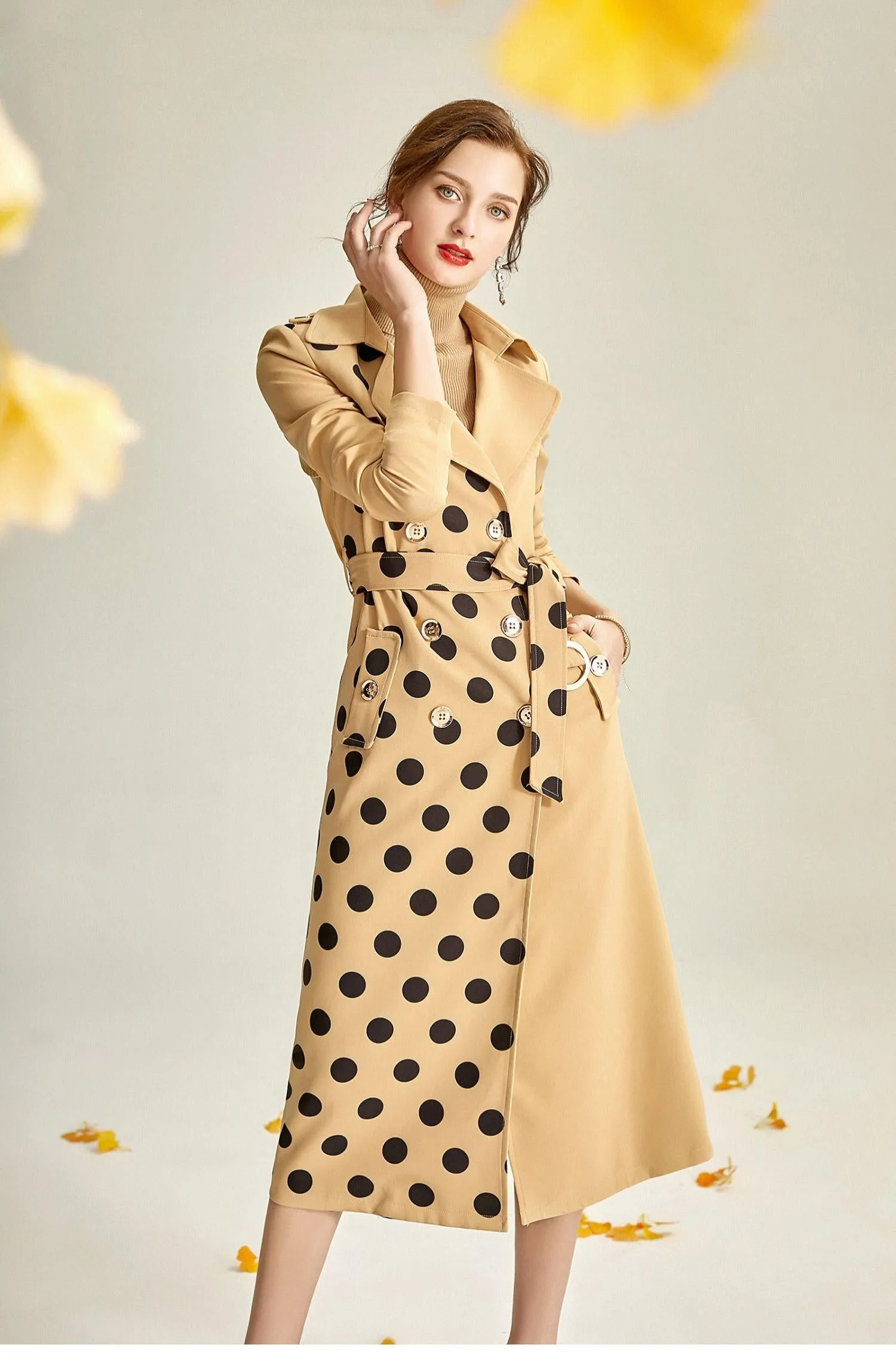 French Khaki polka dot elegant windbreaker long coat - Nola