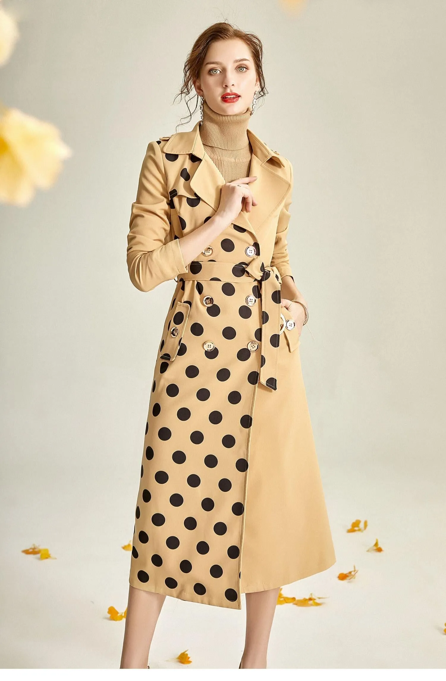 French Khaki polka dot elegant windbreaker long coat - Nola