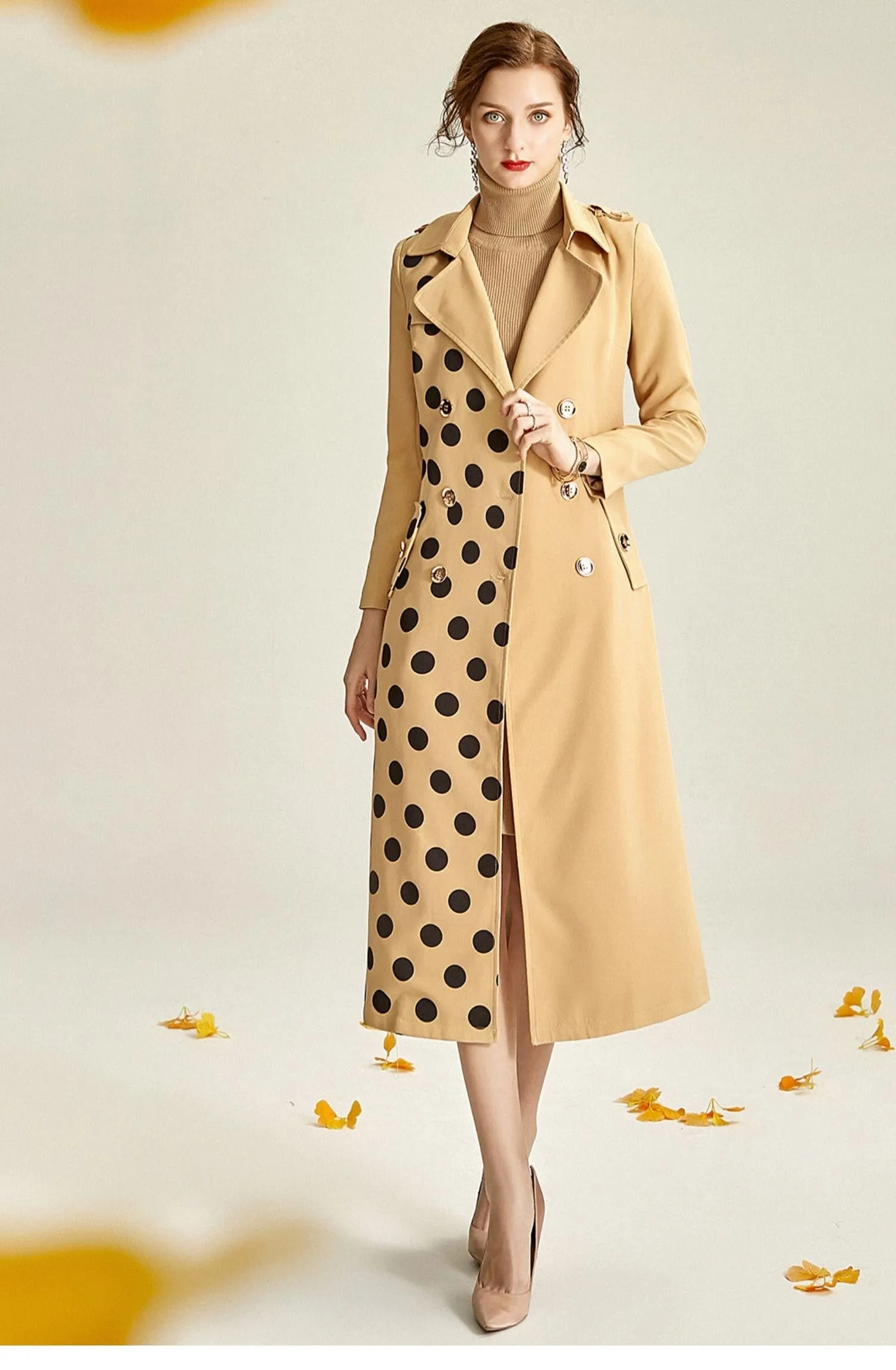 French Khaki polka dot elegant windbreaker long coat - Nola