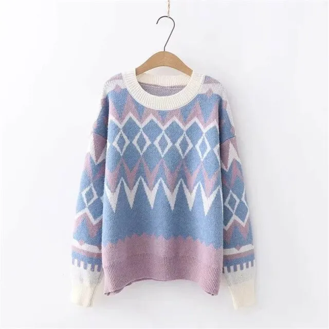 Geometric Patterns Sweater | Women Christmas sweater | Long Sleeve Crew Neck Knit Pullover Sweater | Striped Sweater | Multicolor Sweater