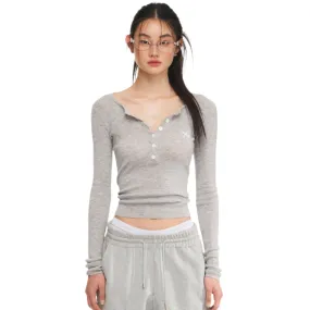 Gray Twisted Henley Collar Knitwear Top