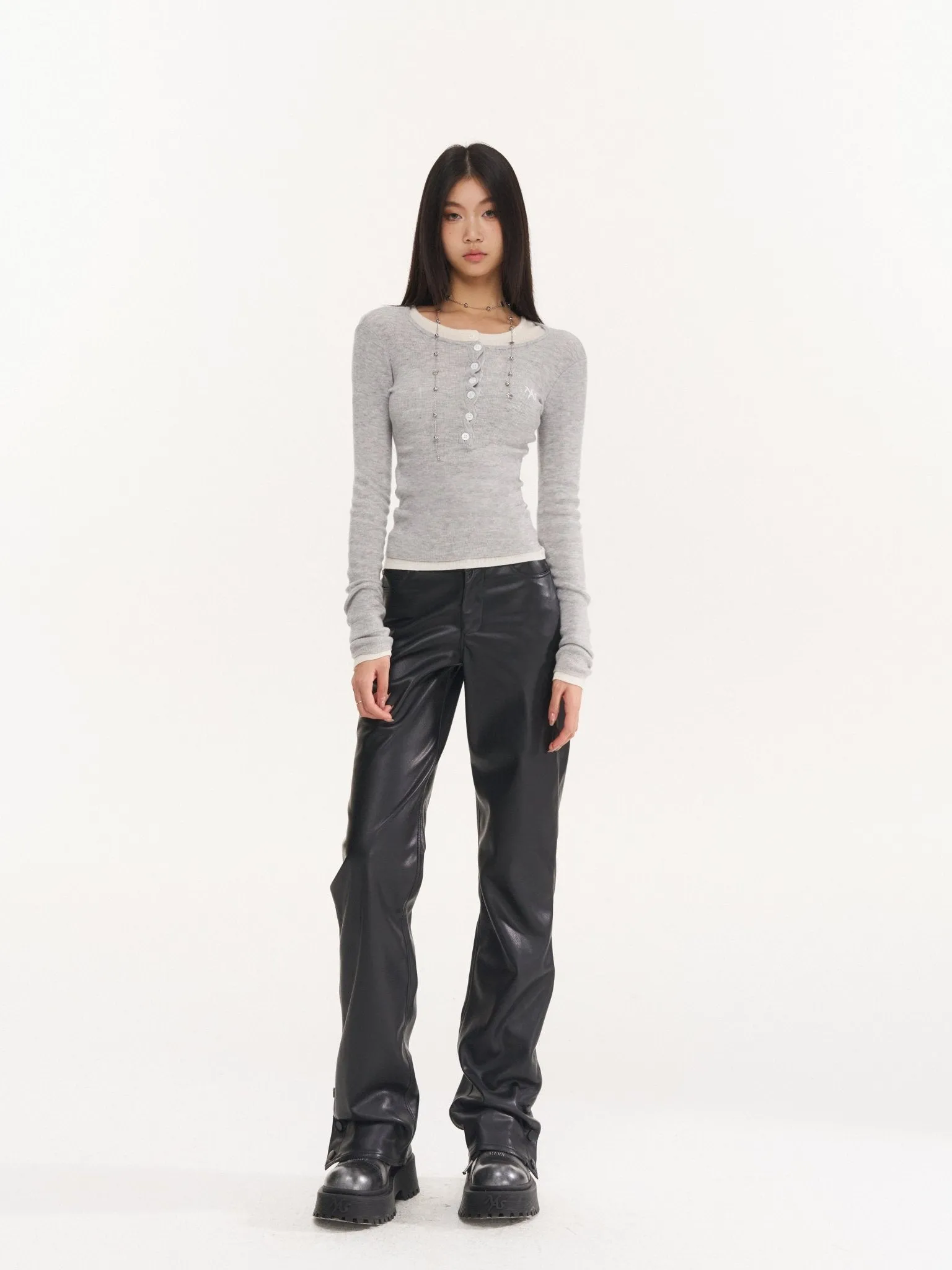 Gray Twisted Henley Collar Knitwear Top